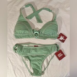 NWT Hot Kiss Green Seersucker O Ring Bikini Sz L